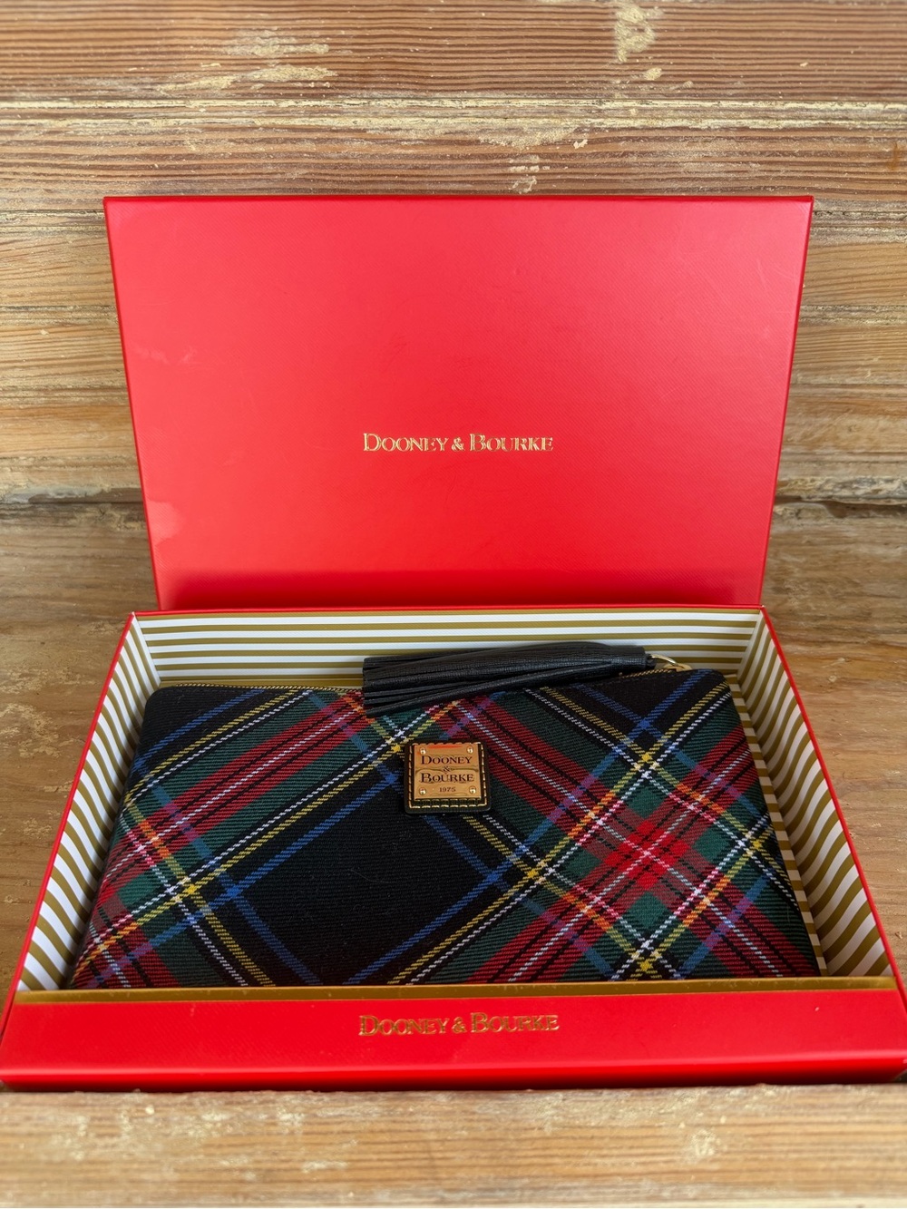 Dooney & Bourke Black with Red & Green Tartan Pocket Square